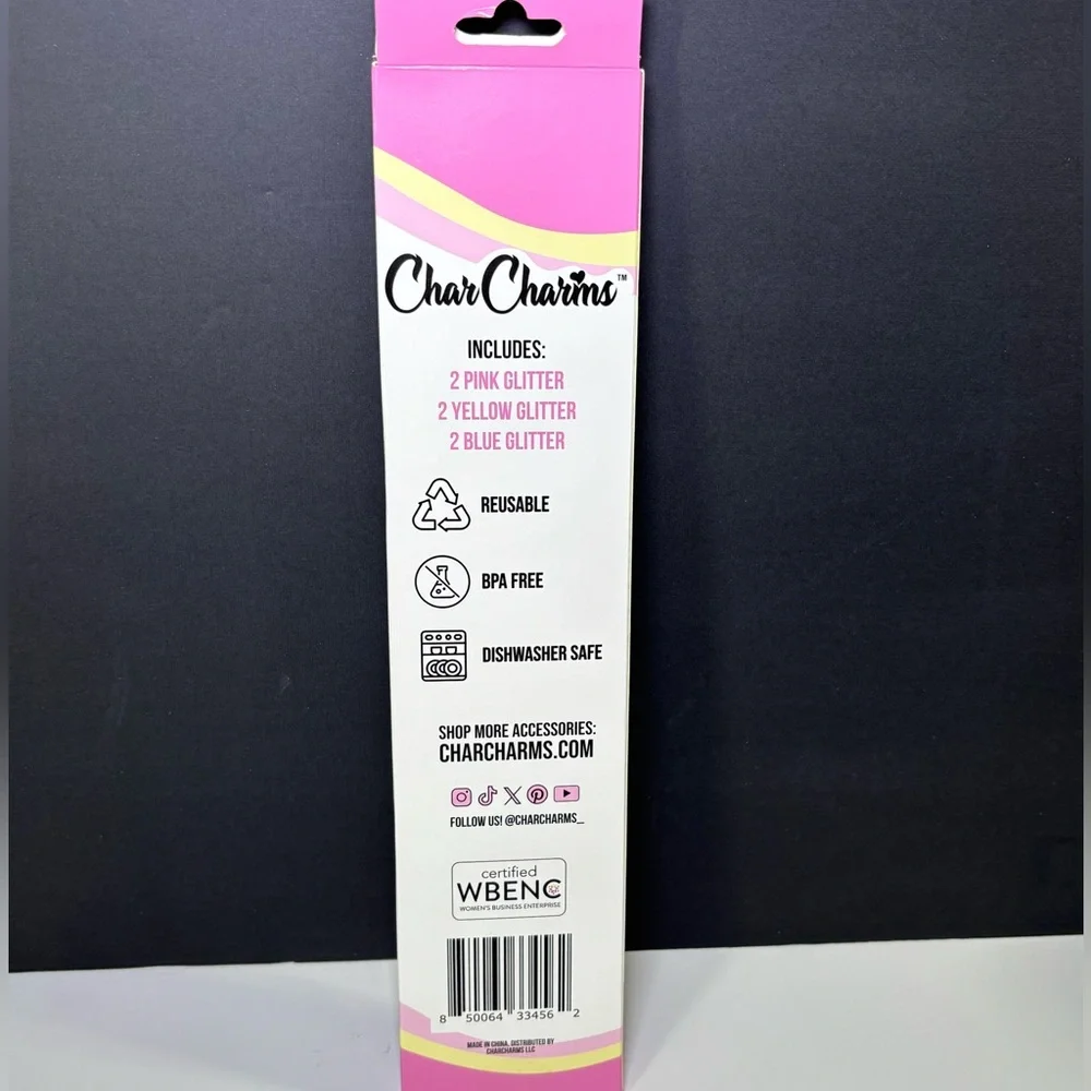 CharCharms 30oz Glitter Stanley Tumbler Straws - Pink, Yellow, Blue - pack of 6